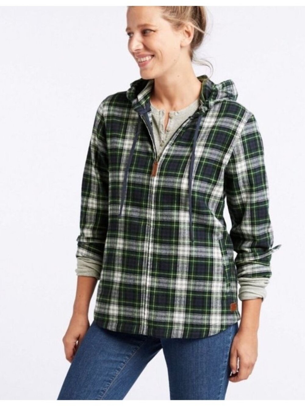 LL Bean Green Blue Flannel Zip Up